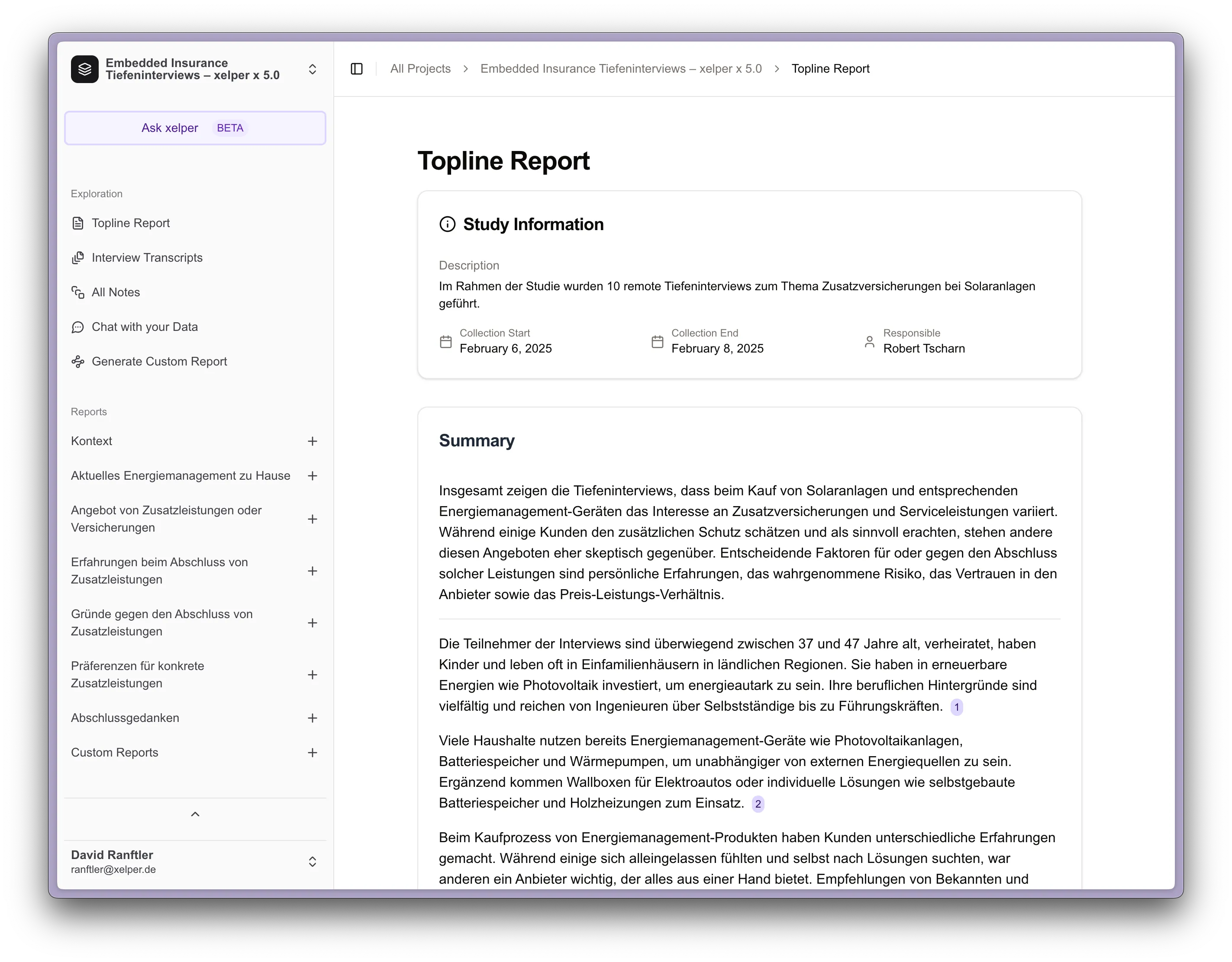 Topline Report mit Querverweisen zu Einzel-Reports