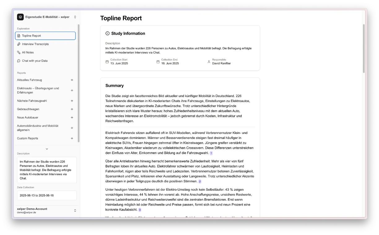 Jede Studie erhält einen Topline Report mit Querverweisen zu Einzel-Reports